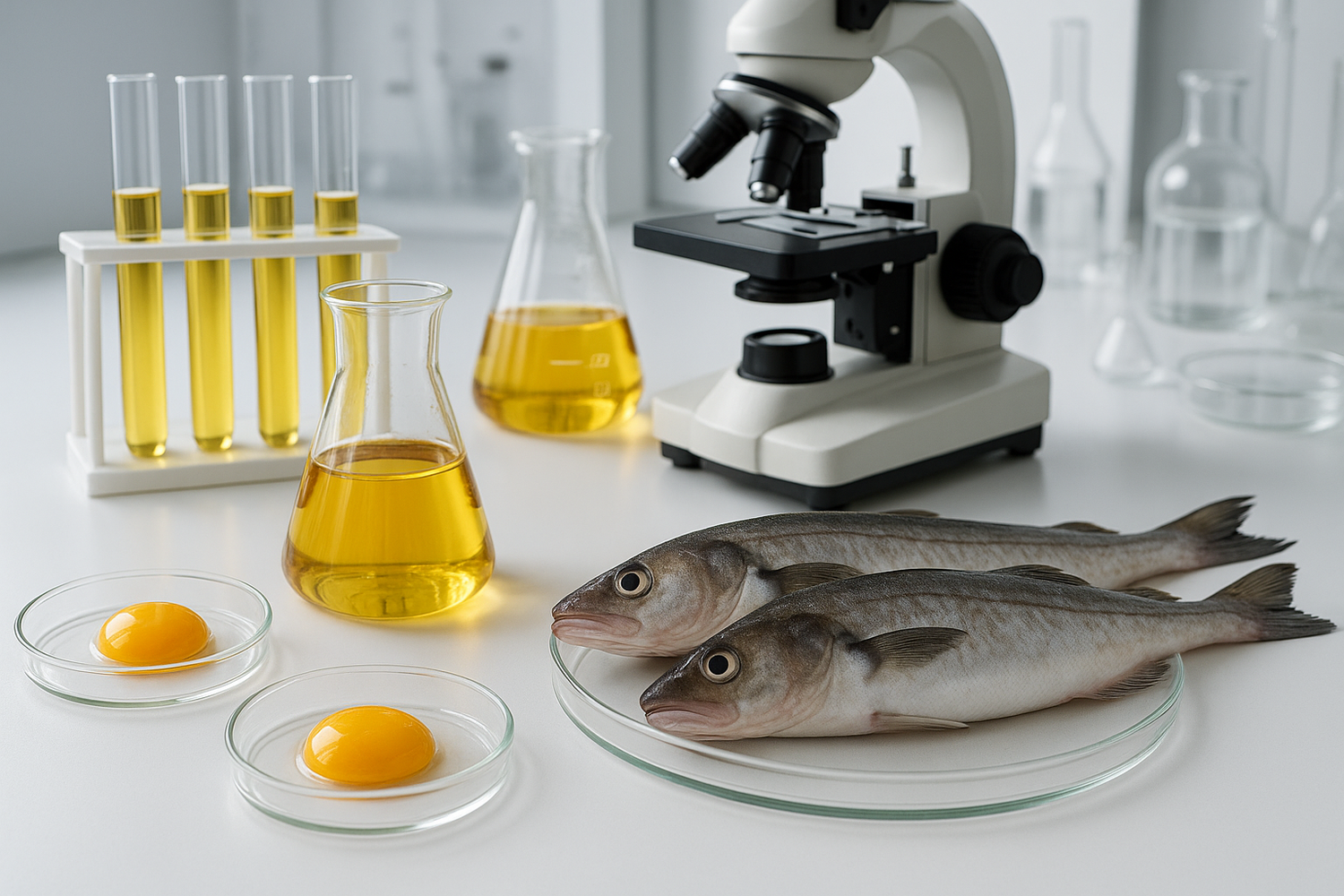 fish, cod liver oil and fish yolks, in a scientific setting, without labels