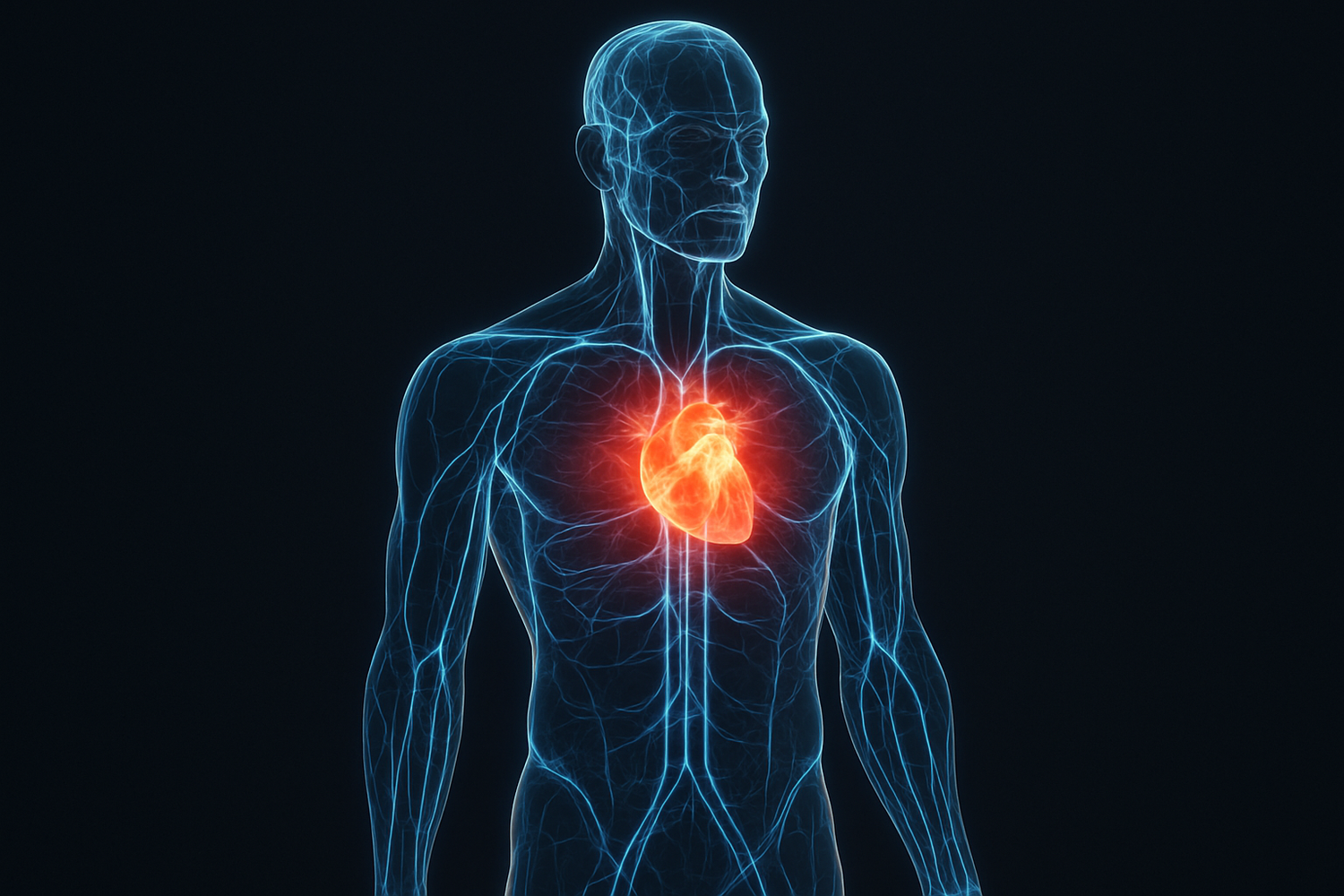 futuristic representation of the human body, with a red glow at the centre chest (heart) and highlights along the nervous system