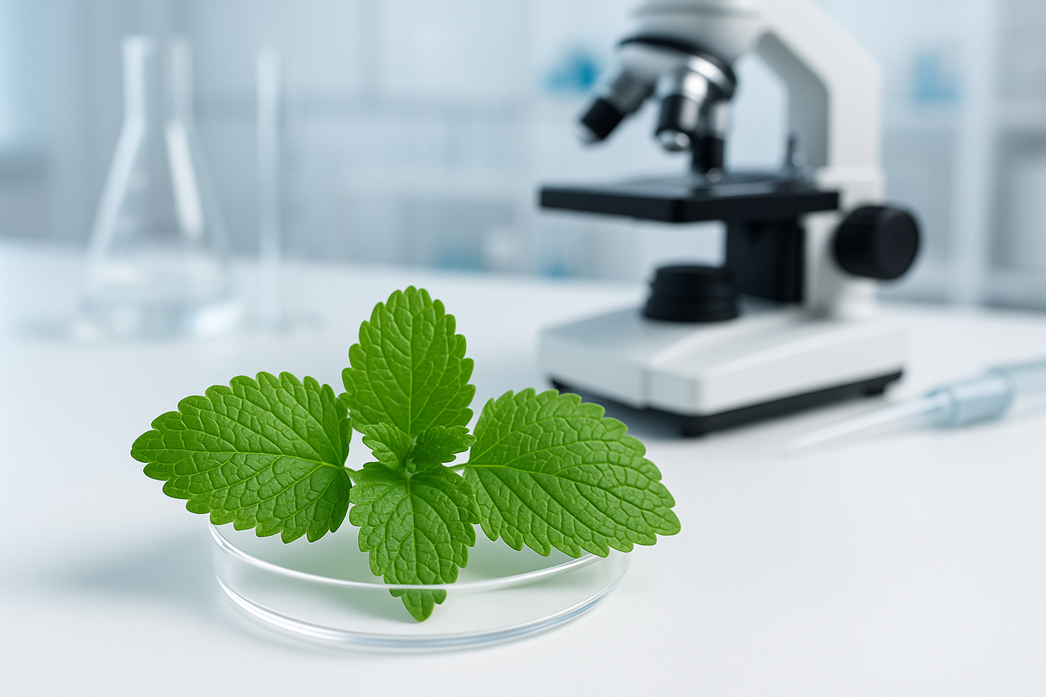 Lemon balm (Melissa officinalis), in a dish, in a scientific setting
