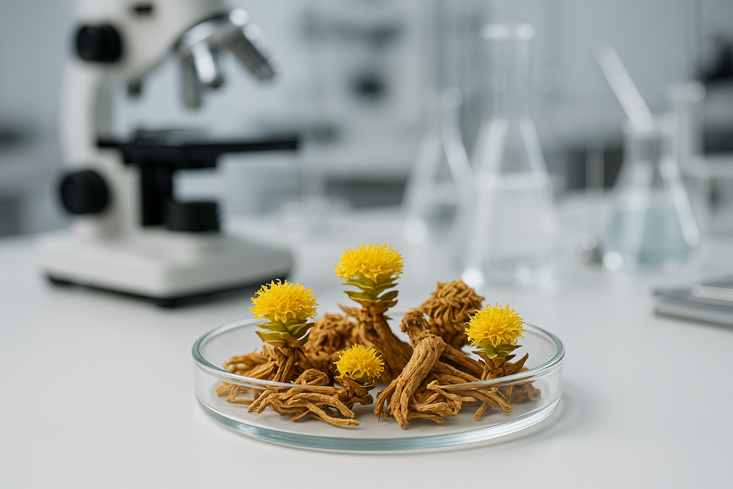 Rhodiola, in a dish, in a scientific setting